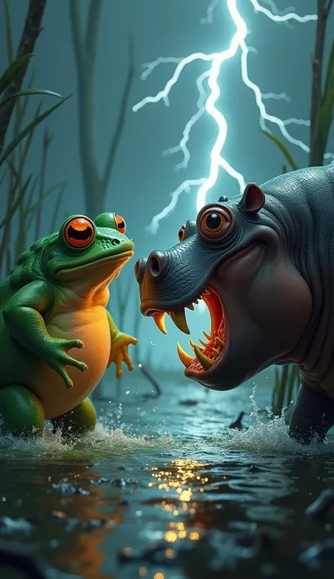 "An intense confrontation between a furious frog and an enraged hippopotamus, both standing face-to-face with menacing expressions. The frog is puffed up and glowing slightly, while the hippopotamus snarls, displaying sharp teeth. The background is a dark,...