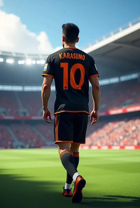 Create an image of a man walking outside in the stadium the jersey color of the man should be black and orange behind the jersey put name karasuno. On the left side of the man put text Captain underneath it put Haris and then underneath it put vice captain...