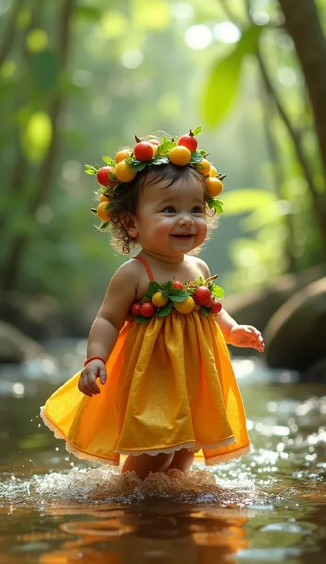 A cute baby wearing a long bright ba fruits dress and a ba fruit crown walking in the stream ,the dress made by fully of ba fruit realistic realistic 9:16