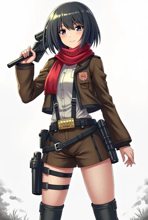 "master part, best quality , Altas, Hmmikasa, short hair, black eyes, echarpe, emblem, belt, thigh strap, red scarf, white pant, jacket marrom, long sleeves, holding gun, sword, outdoor, very detailed background , Mikasa Ackerman, Shingeki no Kyojin, 1girl...