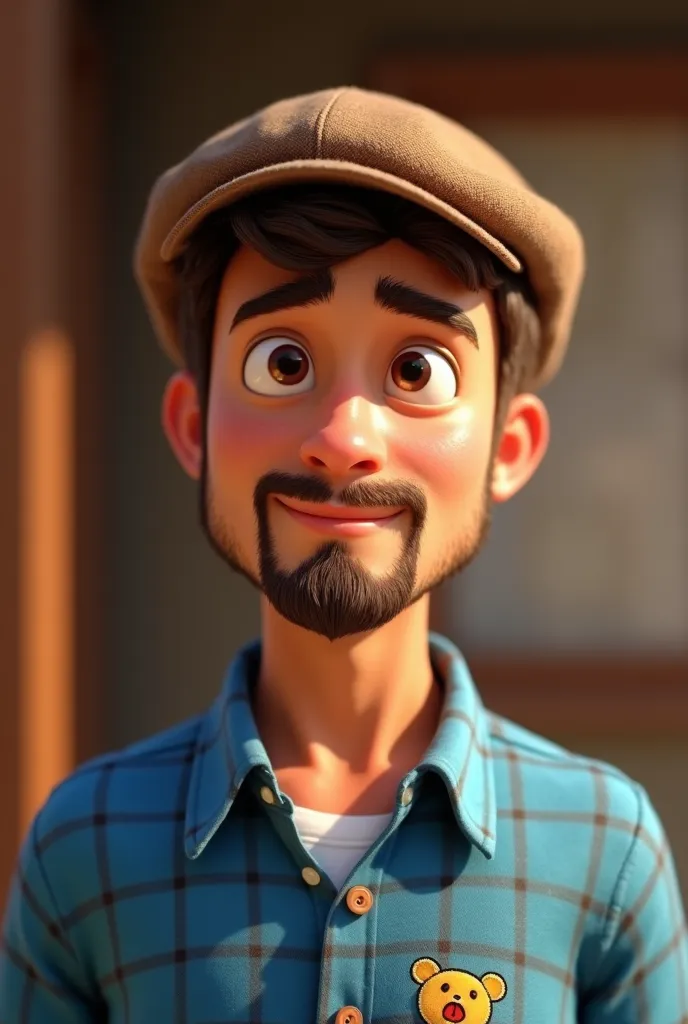  animation of a man with a goatee beard some white hairs , with brown cap brown eyes and bear drawing and blue checkered shirt
