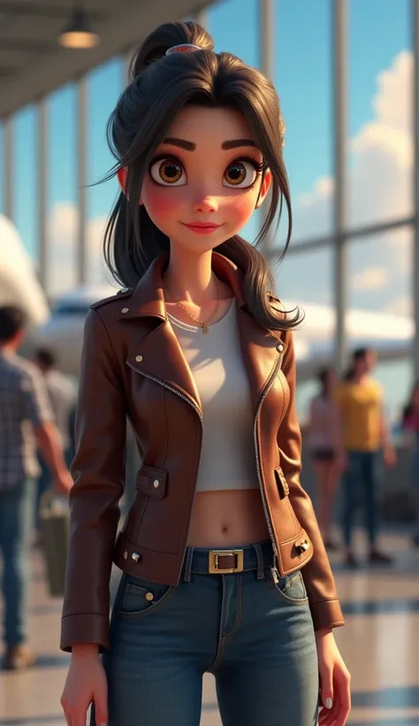 Introduction to Maya
"A 25-year-old woman named Maya, with long, dark brown hair tied in a practical ponytail, standing confidently in a bustling airport. She has bright hazel eyes full of determination, wearing a casual leather jacket, jeans, and a comfor...