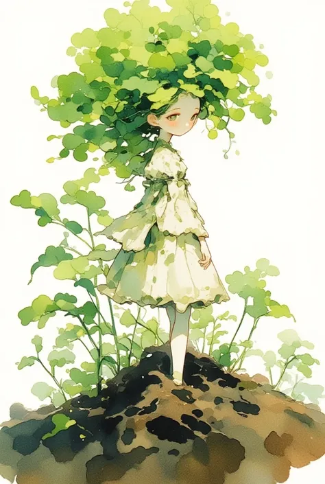 A white-skinned cute daikon lady emerging from the soil. wearing dress made of daikon skin, green leaves hair. looking down. fantasy art, watercolor painting