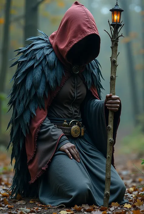 A kneeling witch, with dark-toned clothes ,  she wears a hood in a reddish color but a dark shade And dirty ,  her cover is made of large feathers in shades of blue and black ,  sometimes they are ragged and ragged ,  she wears a belt where she has tied so...