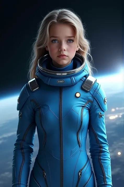 A girl wear a perfectly blue morden astronaut suit