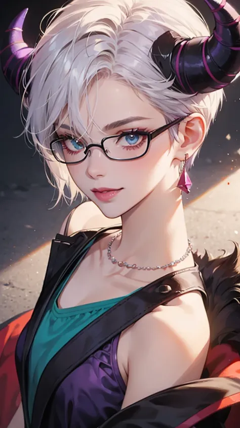 8k, masterpiece, best quality, highly detailed, 1 girl, devil, demon horns, warlock, pixie cut, white hair, multicolored hair, very short straight hair, red highlight hair on white hair, stippled hair, wearing glasses, round glasses, earrings, red eyeshado...