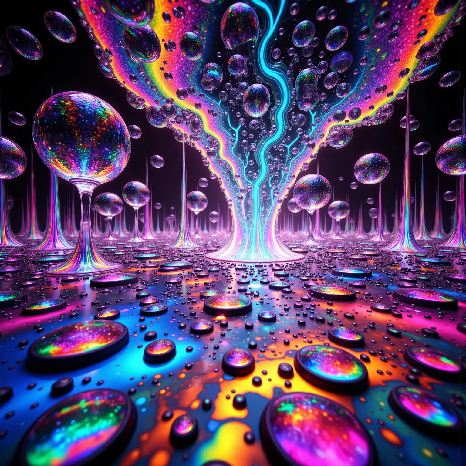 glass orbs overflow and spill out intricate rainbow patterns that fill glass bubbles that melt and dissolve with bobbles and col...