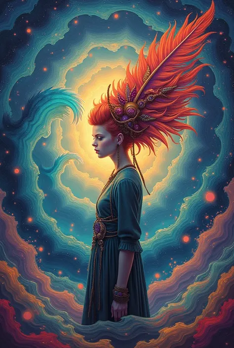 ( psychedelic painting of a redheaded woman standing in front of a colorful swirl), ((Large feather with multiple stitches , Big Head)), Light and Shadow, wave, Multi-layer, prospect, Vision,  Fractal Thunder Dan Mumford ,  Dan Mount Ford and Alex Grey sty...