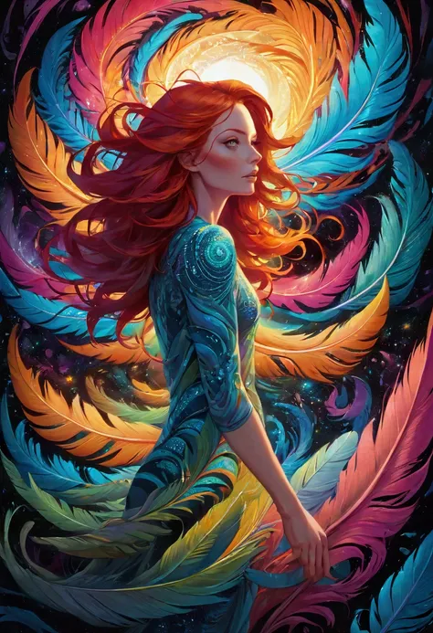 ( psychedelic painting of a redheaded woman standing in front of a colorful swirl), ((Large feather with multiple stitches , Big Head)), Light and Shadow, wave, Multi-layer, prospect, Vision,  Fractal Thunder Dan Mumford ,  Dan Mount Ford and Alex Grey sty...