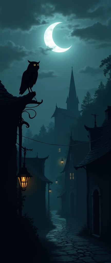 Shadow village, dark, black, month,  Owl , silhouette