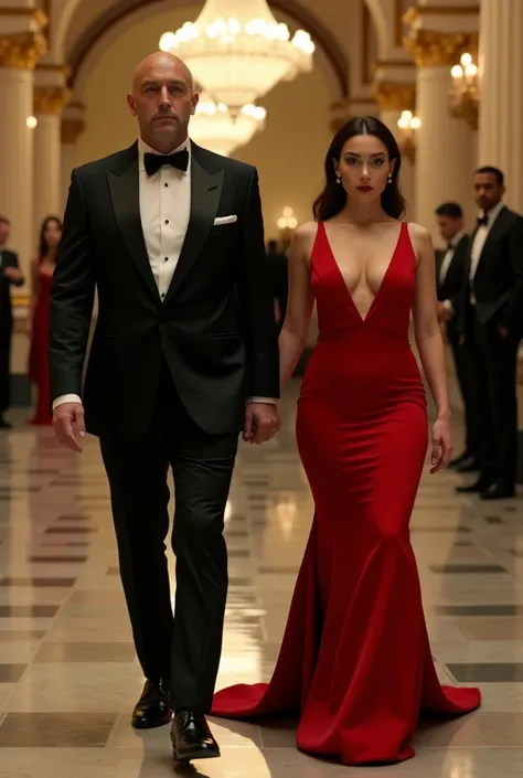  Arrafe fashionably dressed brutal bald tall man and brunette woman with a beard ((massive breast)) walking through the hall with chandeliers , wearing red dress clothes , black tie, dress clothes , well dressed,  formal wear , elegant couple, in a tuxedo,...