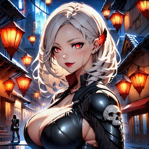 Portrait Elf female. Bombshell.White hair to the shoulders, red glowing eyes, red lipstick, big breasts, and ass, sporty figure. She wears an assassins black suit (armor) with a small decorated skull. The background fantasy city at night.