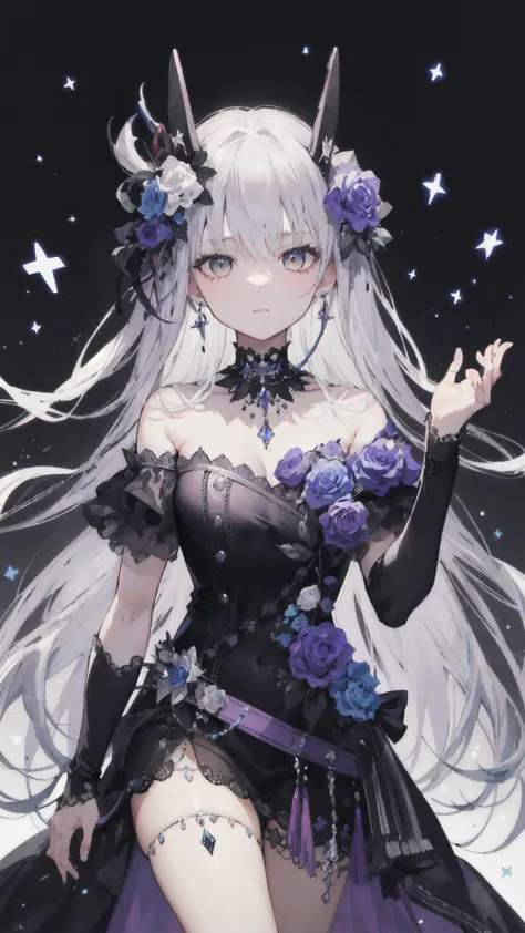 ( masterpiece ), (   Quality Best  ),  Perfect combination with popularity on  , Clean, 8K, , [  1 girl at home ,  Cowboy shooting], (minato_Snow vegetable_Bond Dreams:1), long grey hair, Sweep away bangs ,    bright eyes  , Jewelry, hair_flower, Gothic fa...