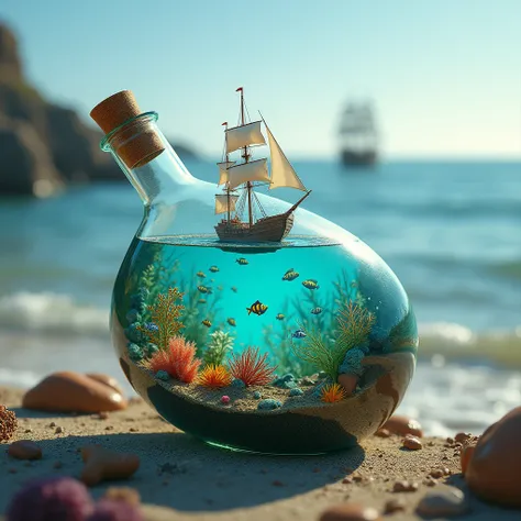 Underwater life in a bottle, at the surf a ship.