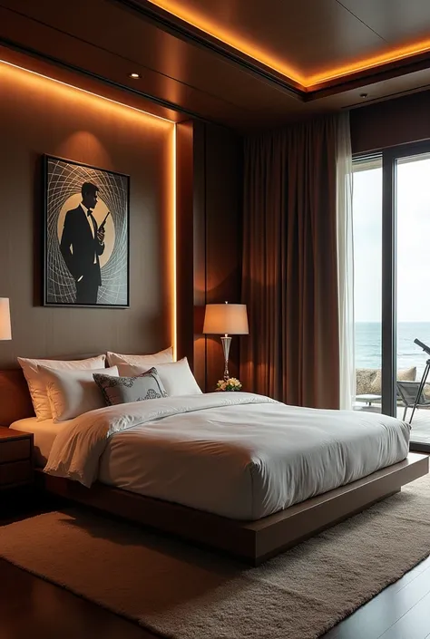 A luxurious Bond-inspired bedroom designed for relaxation and intrigue. The bed, king-sized and plush, is framed by a headboard featuring an abstract sculpture of the 007 logo. Above the bed hangs a dramatic painting of a silhouette of Bond holding a gun, ...