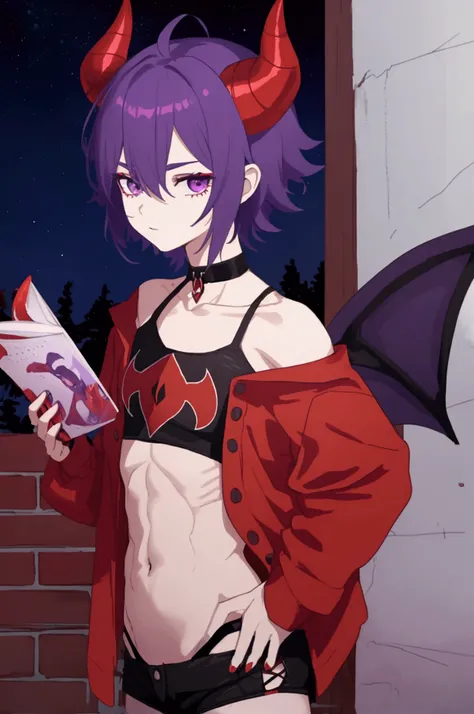 Femboy man, red horns, young, Casual clothing, guardian wolf ,  night sky background ,  demon femboy , man,  short hair ,  purple hair ,  slim but trained body.