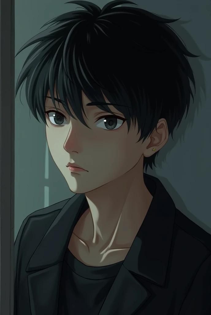 Young adult boy with black hair ,  is looking aside as a culprit 