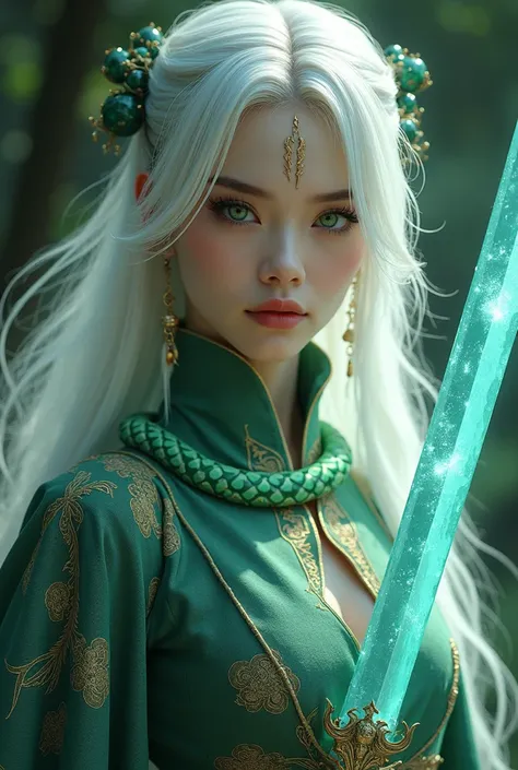 Photorealism, extrene realistic, Most beautiful  xianxia female protagonist,adult girls,cold face,orange dominant fillamen and blue obsidian undertone long whitehair, short bang ,green jade eyes,use high detail majestic garmen with glowing  dark green fore...