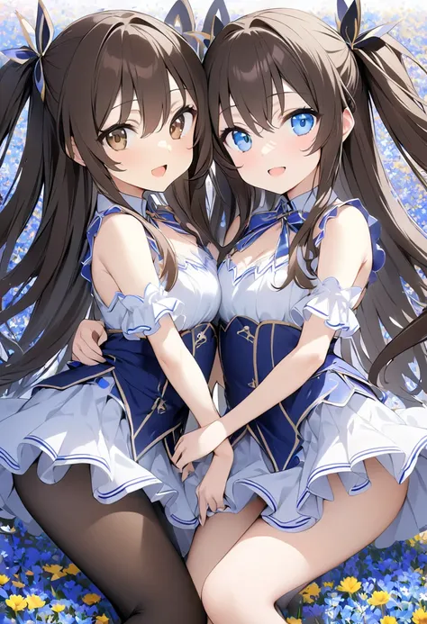  two girls、(( High Quality、 best quality、８ｋ))、((The background is a flower field))、Beautiful and pretty eyes、smile、 open your mouth、 Brown hair and brown eyes 、 Long Hair Girl ,Break black hair and blue eyes 、 twin-tail girl, Detail Eyes、 pay attention to ...