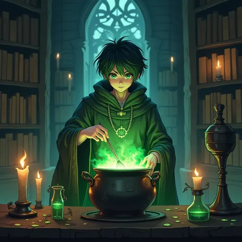 Young wizard preparing a green broth in a cauldron realistic anime gothic RPG 