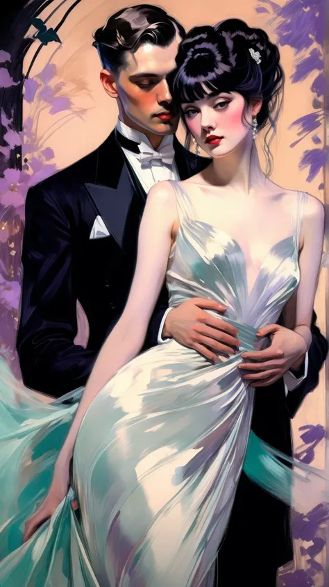 (thick and bold) ink sketch technique on sensual illustration of an elegant bride realistic couple (((medium hair with bangs:1.4、Beautiful bangs) , vintage ,silky dress, matte painting, by John Singer Sargent, by Harumi Hironaka, extremely soft colors, dar...