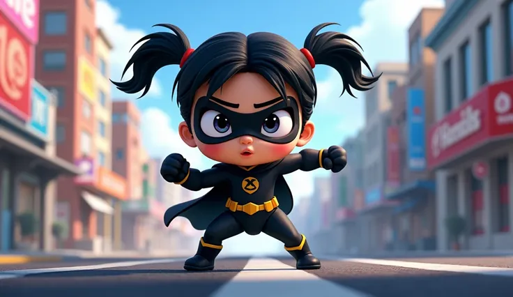  a cartoon ( big curious eyes,two  pony tail black hair, wearing a simple superhero black costume and a half black mask on eyes) is in action position (ready to fight) in metropolis 