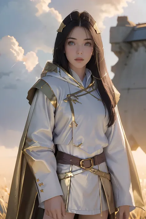 ((masterpiece, best quality, extremely detailed), volumetric lighting, ambient occlusion, colorful, glowing), 1girl, solo, young girl, (dark hair), long hair, ranger suit, hunter class dnd, cloak, (white outfit with gold detailst:1.3), armor, outdoors, sun...