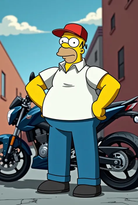 Homer simpson giving a pose for photo by standing back of ns 200 pulsar