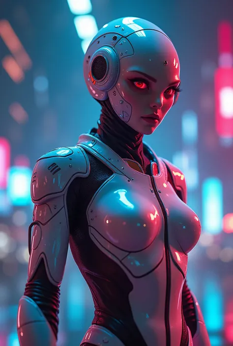 a detailed alien space pilot, intricate details, hyper-realistic, futuristic spacesuit, glowing cybernetic enhancements, intense gaze, dynamic pose, vast cosmic background, volumetric lighting, cinematic atmosphere, vibrant neon colors, digital art, matte ...