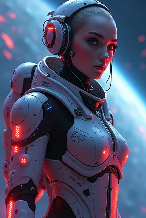 a detailed alien space pilot, intricate details, hyper-realistic, futuristic spacesuit, glowing cybernetic enhancements, intense gaze, dynamic pose, vast cosmic background, volumetric lighting, cinematic atmosphere, vibrant neon colors, digital art, matte ...