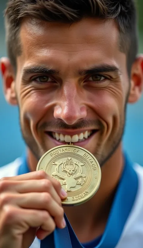  medal Close-up of a player with a proud expression , holding a ,  but wearing a generic uniform that does not reflect the teams identity.)