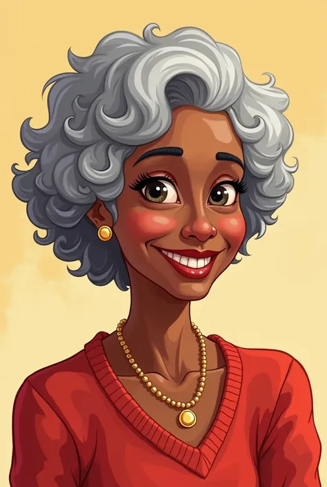 "Draw an elderly woman with dark skin and curly gray hair. She wears a gold necklace and a red sweater. Her expression is friendly, with a visible smile showing her teeth. Use a vibrant and polished modern cartoon style. The background should be simple, te...