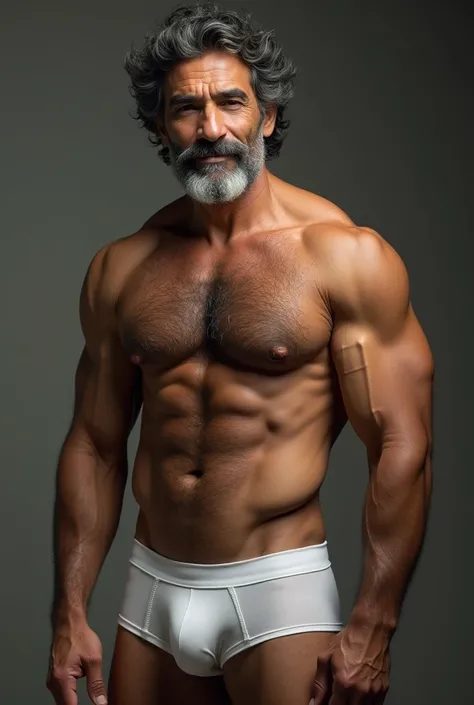 Hot hunk handsome shirtless matured rugged 60-year old Indian daddy with hairy chest, ripped abs, and well-defined body, alpha male, masculine features, wearing tight white boxers with big bulge