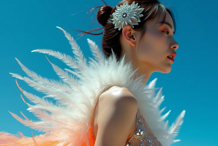  editorial fashion photography ,  Mid-range image of Asian models  wearing futuristic dress made out of feathers and crystals, clothes made of silk ,  silver inlaid , Mid-range image of Asian models , blue background,Orange cut , pattern technology ,  Cons...