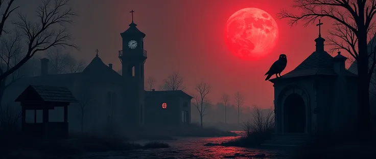  shadow village, dark, black, silhouette, red moon ,  owl ,  old building building, old well, clock building  