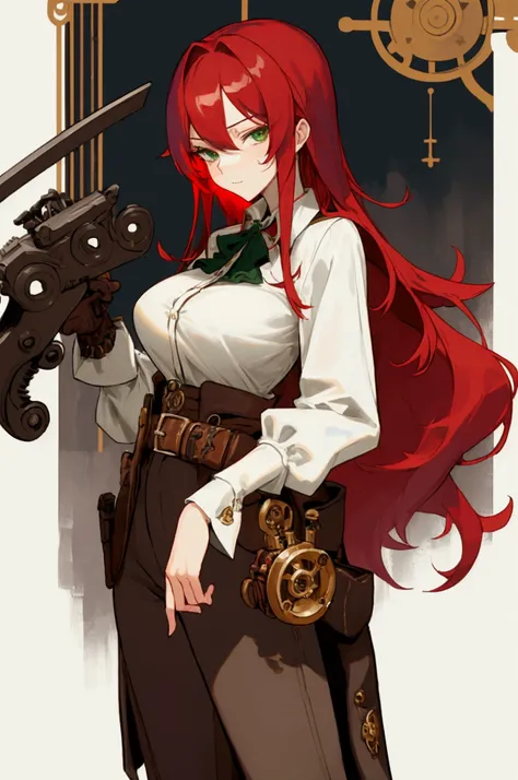 trend，cowboy，Royal sister，modern， steampunk，Alchemist，Revolver， long red hair ，Green Eyes，Big Breasts，包臀cowboy裤， Open Waist White Shirt， long legs