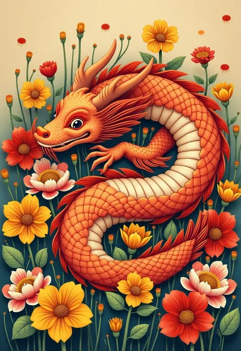 A dragon lays on the flowers ,  wraps itself between the colorful and beautiful petals .  Its head is lying on top of a field of yellowish and red flowers.

Playful Art; oriental art ; Kolashik; Ukiyo-e; Artistic.