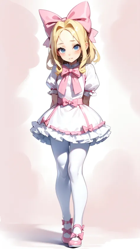 blonde hair, bow, pink bow, blue eyes, hair bow, alone,  1 girl, skinny ,white tights, full body is shown