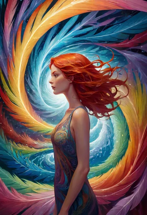  psychedelic painting of a redheaded woman standing in front of a colorful swirl, Big Feather Decor , Light and Shadow, wave, Multi-layer, prospect, Vision, Fractals，Thunder and Lightning，  Dan Mount Ford and Alex Grey style ,  Psychedelic surreal art ,  s...