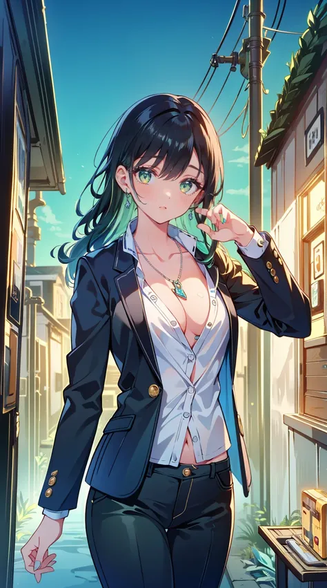 (masterpiece,  best quality,  high definition ,  super detailed), 1 Female, Long wavy black hair, Green Eyes,  handsome,  Detailed Eyes and Faces ,  perfect body,  earrings for a woman alone, Ear Piercing,  Unzipped black blazer,  white shirt, pants, Bare ...