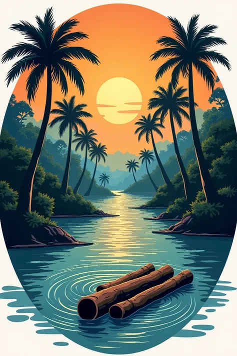 Create me a Circle designe with a big word name "Lamekie Tight" below and in that circle showing a Flooding river flowing between ripe oil palm trees with logss floating on top