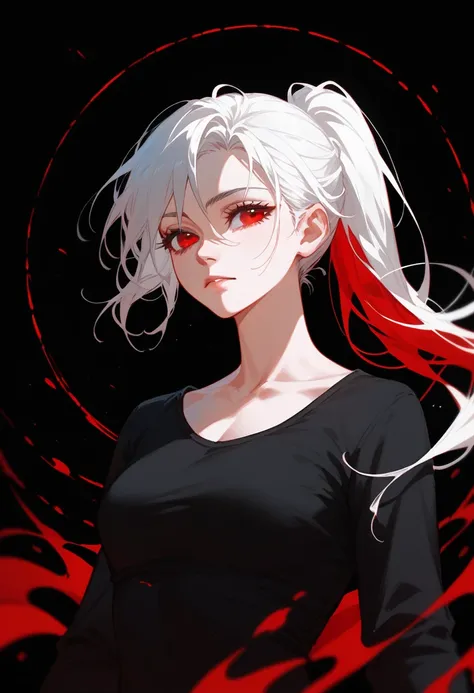  ,White hair, Ponytail, in red eyes , Long Sleeve Black Shirt, Medium Chest,Lean Down ,Dark circles under the eyes, black background,