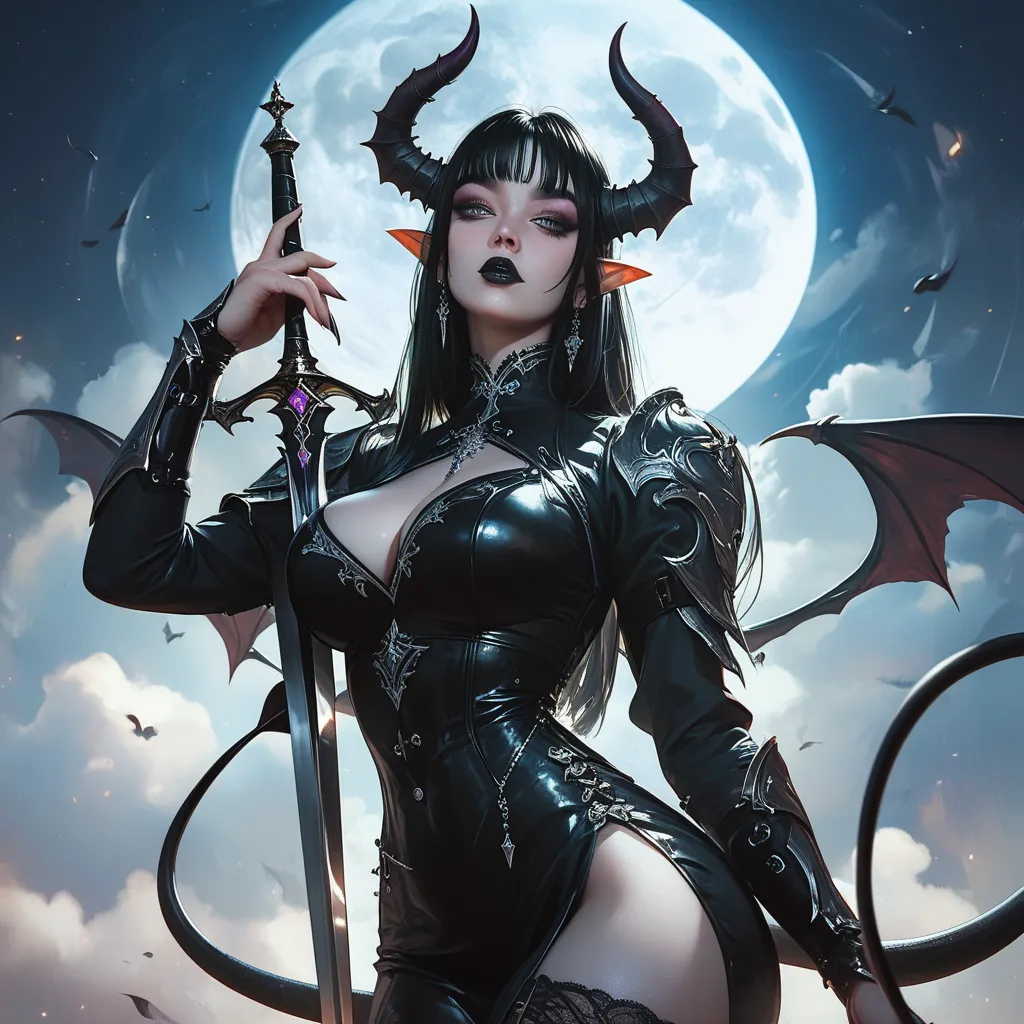 ((masterpiece)) , ((highres)), ((full moon background)), a beautifully detailed succubus female, holding a long sword, ready for...