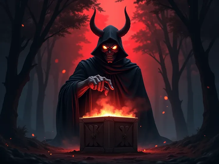  in an anime style that can be comics or cartoons.  :  The thumbnail poster described the topic  " Satan and the seduction of Salim ": Colors and background:  is a dark background consistent with the atmosphere of mystery, such as a wild forest or a dark r...