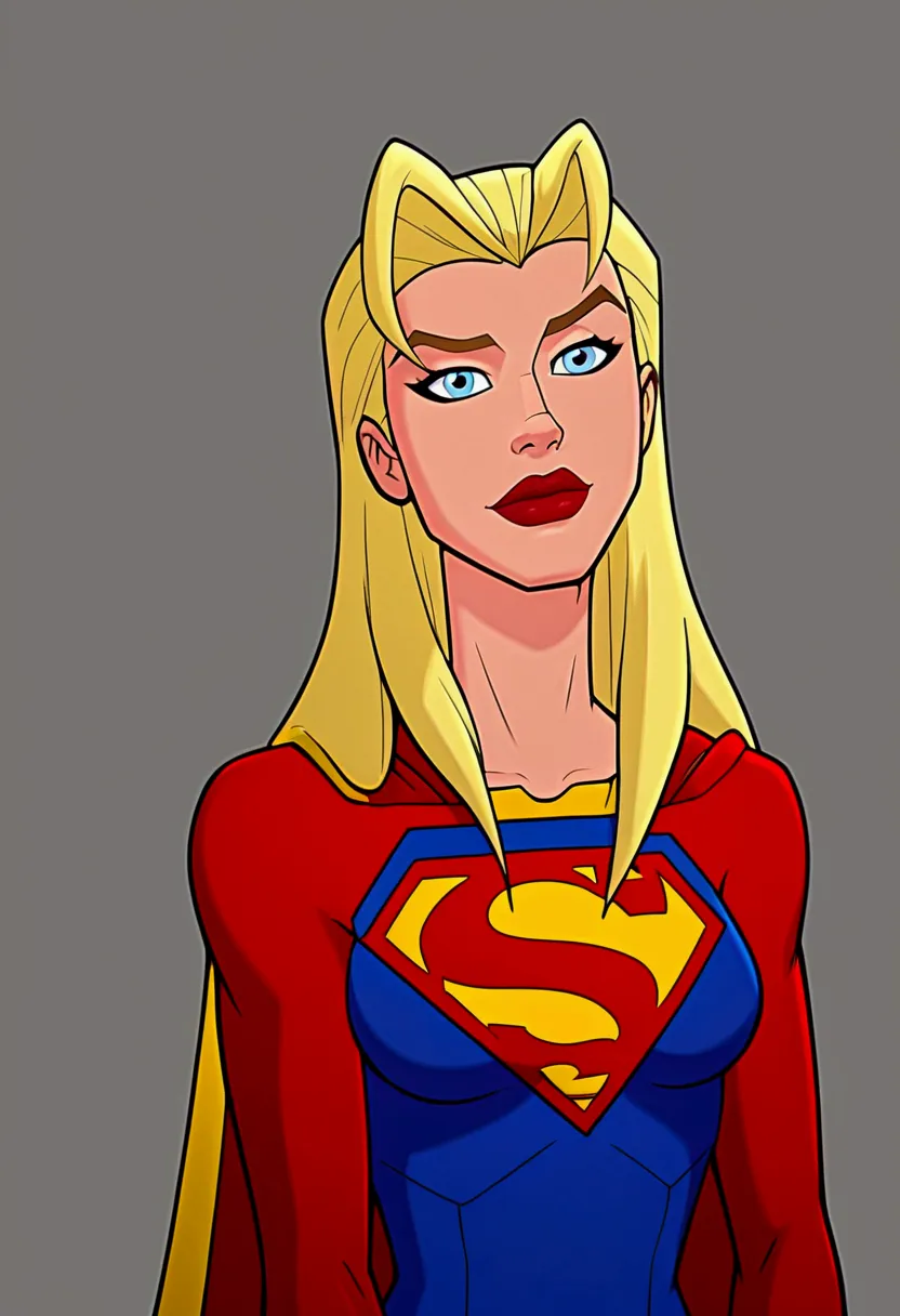 supergirl, perfect denim costume, red jacket, olhos azuis brilhantes, linda mulher, extremely blond hair, smooth curves, upturne...