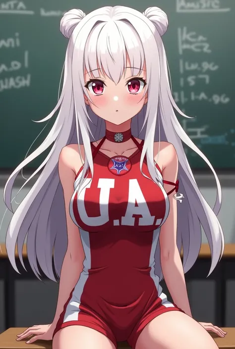  Anime screenshot of My hero Academia Chica
Cabello : Long white 
Eyes :Rojos
Mirada : Would be
Appearance : sports uniform Beautiful and attractive
Clothing : With the U . A showing her navel piercing
Background : Sitting at a table in the classroom 
Full...