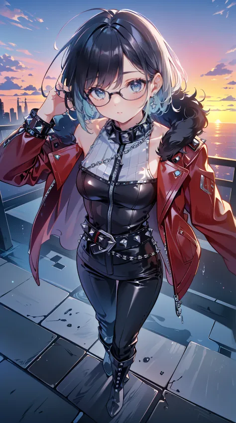  cinematic lights 、 best quality, Cyberpunk World、1 female、( beautiful 20-year-old woman 、  Beautiful Facial Features with Attention to Details 、 Medium Hair の black hair、 shoulder-length hair 、 messy hair、 blue eyes、Glasses:1.4)break, Medium Hair 、（ black hair、Glasses:1.5）
break
((Dark Leather Rebellion ) theme), ( Full Leather Look 、 Fitted Red Leather Jacket , Leather pants,  and Chunky Boots :1.1),（ Asymmetric Shirt :1.5） ( Wear silver chain accessories and studded leather belt:1.3),
break.
（On the evening after the rain 、I can see the sunset、 Where Futuristic Buildings Can Be Seen in the Distance ）break（ Portrait Angle ）