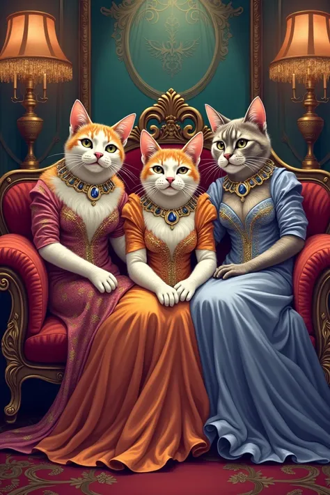 Create a vibrant and highly detailed illustration of three anthropomorphic cats with regal sleek fur and opulent jewelry, surrounded by her two spoiled ugly daughters with extravagant gowns—lounging in a lavish living room, glaring disdainfully at Whiskere...