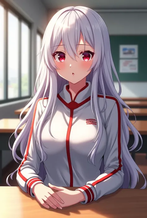  Anime screenshot of My hero Academia Chica
Cabello : Long white 
Eyes :Rojos
Mirada : Would be
Appearance : sports uniform Beautiful and attractive
Clothing :With the U uniform. A showing her navel piercing
Background : Sitting at a table in the classroom...