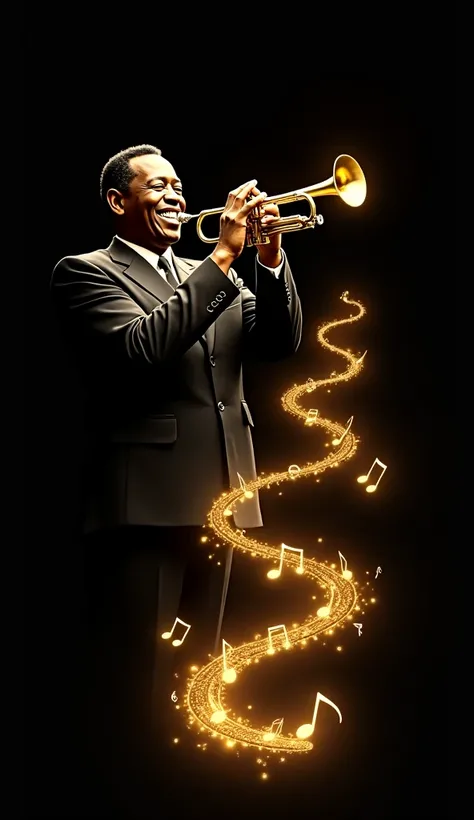 Louis Armstrong playing trumpet in the dark.smiling. glowing golden notes and music staves are springing from his feet to sky spirally illuminating him warmly.simple black background. minimalism.ภาพายนต์ของหว่องกาไว